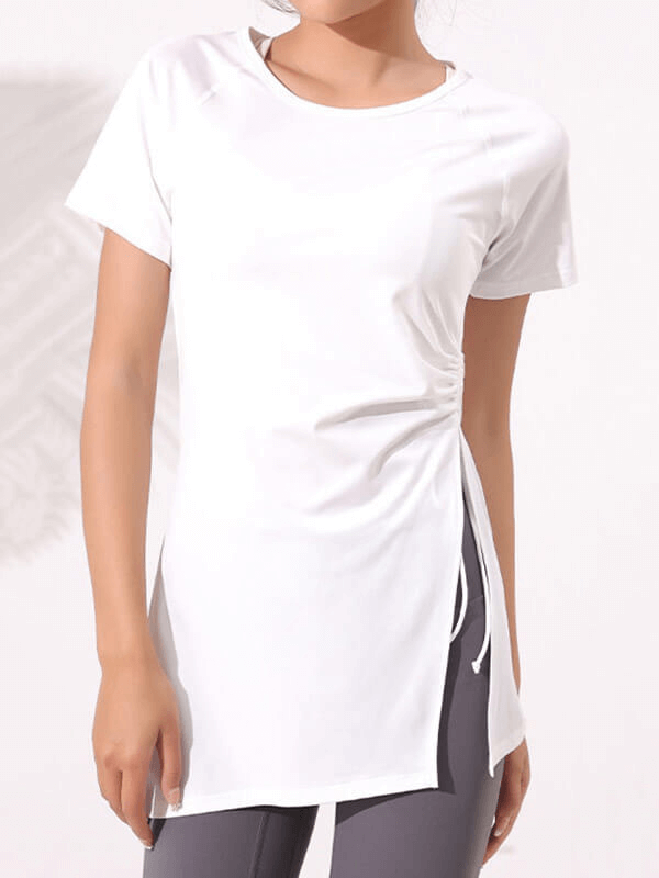 Women's fitness solid white long t-shirt with side drawstring, perfect for yoga. Lightweight, anti-wrinkle, quick-dry polyester.
